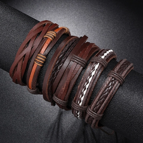 Vintage Punk Multi-Layer Geweven Kunstleer Armband Voor Mannen Vrouwen Handgemaakte Bohemian Stijl Sieraden Polsband