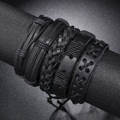 Set de Pulseras de Cuero PU Negro de Varias Capas Trenzado a Mano para Hombre Hip Hop Punk Vintage Ajustable Joyería de Moda