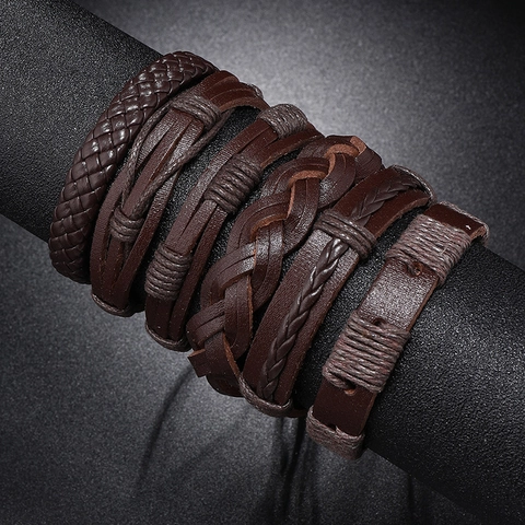 Handgewebtes Mehrschichtiges Kunstleder Armband Für Herren Vintage Braun Hanfseil Wachskordel Verstellbares Punk Armreif Kollektion