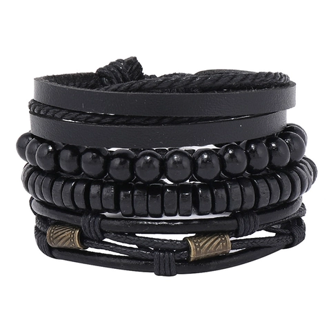 Bracciale in Pelle Multistrato Vintage Tessuto a Mano Perle di Legno Charm in Lega Gioielli Punk per Uomo e Donna Stile