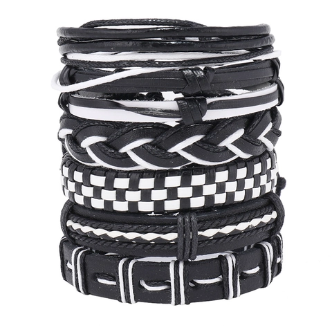 Mehrlagiges Geflochtenes Kunstleder Armband Set Punk Vintage Schwarz Weiß Schachbrett Verstellbares Kordel Armband Unisex Schmuck