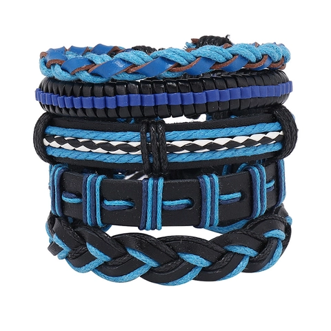 Handmade Multi Layer Braided Faux Leather Bracelet Set For Men Hip Hop Punk Style Wax Cord Adjustable Wristband Jewelry Accessory