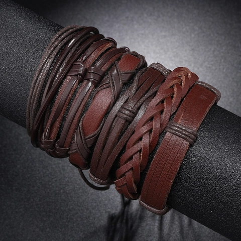 Set di Braccialetti in Pelle Artificiale Intrecciata a Mano Vintage da Uomo Multistrato in Cordino Cerato Intrecciato Regolabile Gioielli