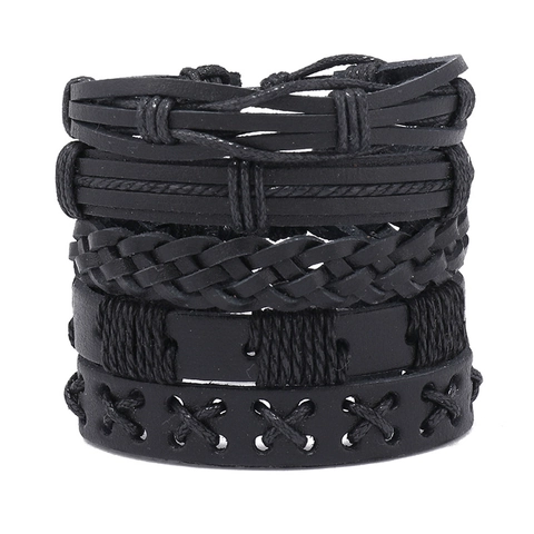 Set de Pulseras de Cuero PU Negro de Varias Capas Trenzado a Mano para Hombre Hip Hop Punk Vintage Ajustable Joyería de Moda