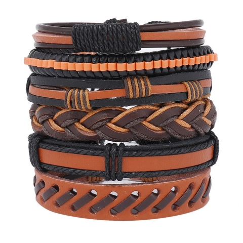 Men's Retro Multi-layer Hand-woven Artificial Leather Bracelet Punk Style Adjustable Wax Cord Wristband Fashion Jewelry Accessories