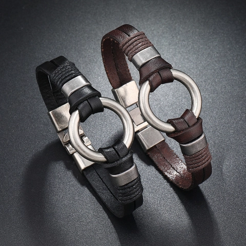 Vintage Herren Rindsleder Armband Mehrlagig Geflochten Legierung Ring Reif Retro Punk Industriestil Herren Schmuck Armreif