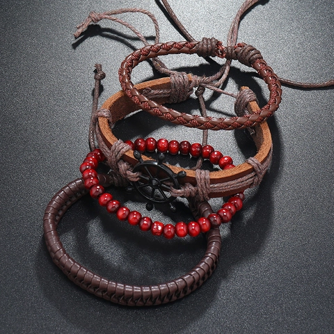 Vintage Punk Hand-woven Faux Leather Bracelet With Rudder Helm Charm Wood Beads Multi-layer Stackable Nautical Bracelet For Men Women Daily Decor
