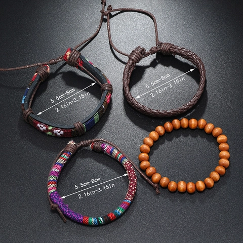 Set di Braccialetti Intrecciati a Mano Bohemian Pelle Sintetica Grani di Legno Stile Etnico Unisex Gioielli Retro Braccialetti in Corda Regolabili