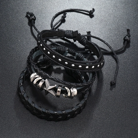 Handgewebtes Mehrlagiges PU-Leder Armband Für Damen Herren Vintage Punk Stern Anhänger Verstellbare Mode Schmuck Wickelarmbänder