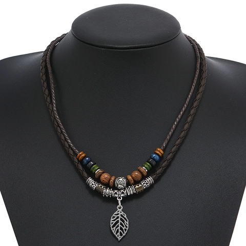 Collana Lunga per Maglione Bohemian Vintage Multistrato con Perline in Legno Pendente a Foglia Catena in Pelle Artificiale