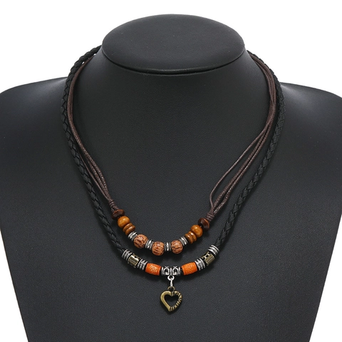 Vintage Boho Mehrlagige Gewebte Herz Anhänger Halskette Kunstleder Perlen Handgefertigte Pulloverkette Schmuck Damen Herren