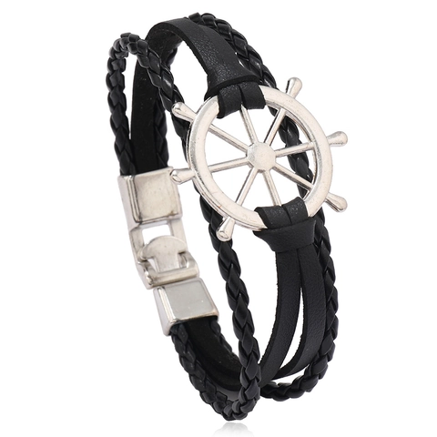 Bracelet Gouvernail Nautique en Cuir Tressé pour Hommes Femmes Bracelet Multi-Couches Vintage en Alliage Punk Bijoux