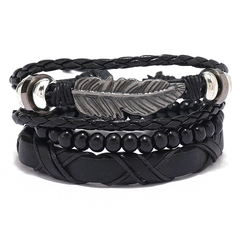 Set di Braccialetti da Uomo in Pelle Artificiale Tessuta a Mano Punk Retrò Con Ciondolo a Piuma in Lega Bracciale Multistrato Nero Regolabile