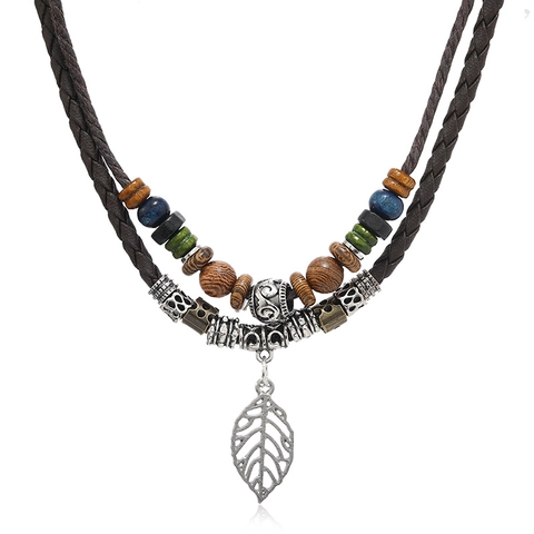 Collana Lunga per Maglione Bohemian Vintage Multistrato con Perline in Legno Pendente a Foglia Catena in Pelle Artificiale