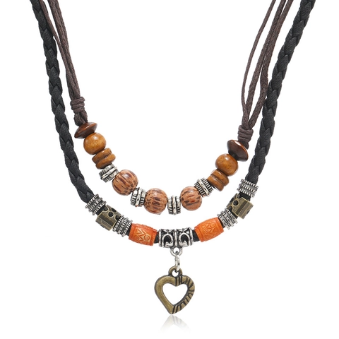 Vintage Boho Mehrlagige Gewebte Herz Anhänger Halskette Kunstleder Perlen Handgefertigte Pulloverkette Schmuck Damen Herren