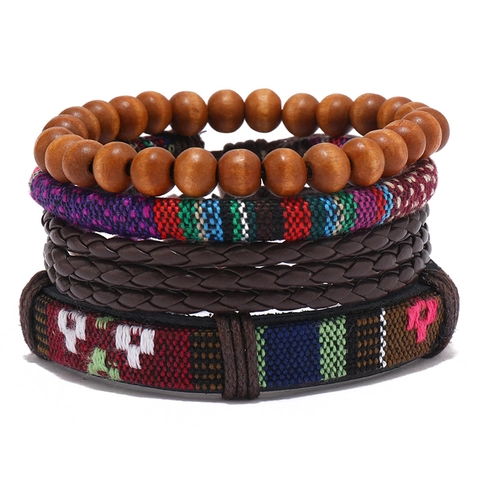 Set di Braccialetti Intrecciati a Mano Bohemian Pelle Sintetica Grani di Legno Stile Etnico Unisex Gioielli Retro Braccialetti in Corda Regolabili