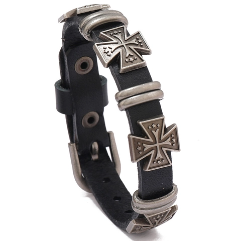 Bracelet Punk Rétro en Cuir de Vachette pour Hommes Femmes Alliage Croix de Malte Étoile Gaufrée Clouté Sangle de Boucle Réglable