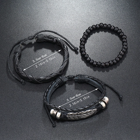 Set di Braccialetti da Uomo in Pelle Artificiale Tessuta a Mano Punk Retrò Con Ciondolo a Piuma in Lega Bracciale Multistrato Nero Regolabile
