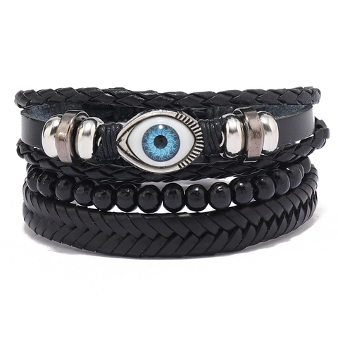 Set di Braccialetti Intrecciati in Pelle PU Nera Vintage da Uomo Malocchio Multistrato Regolabile Gioielli Fatti a Mano Regalo
