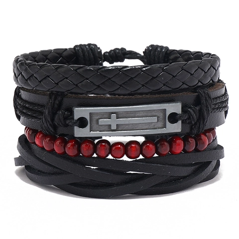 Vintage Kreuz Mehrlagige Armbänder Für Herren Damen Handgefertigt Geflochtenes Kunstleder Verstellbarer Punk Modeschmuck