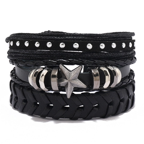 Handgewebtes Mehrlagiges PU-Leder Armband Für Damen Herren Vintage Punk Stern Anhänger Verstellbare Mode Schmuck Wickelarmbänder