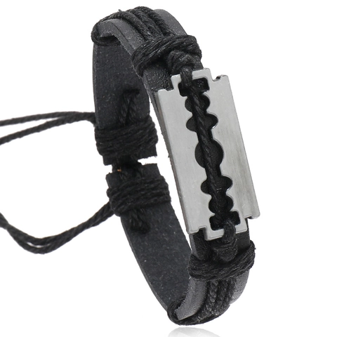 Pulsera Trenzada de Cuero PU Vintage Punk para Hombre Mujer Cuchilla de Afeitar de Aleación Hecha a Mano Joyería Ajustable
