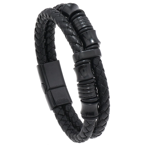Bracelet Homme Punk en Similicuir Tressé Multicouche Avec Fermoir Magnétique en Alliage Bijoux Style Industriel Minimaliste
