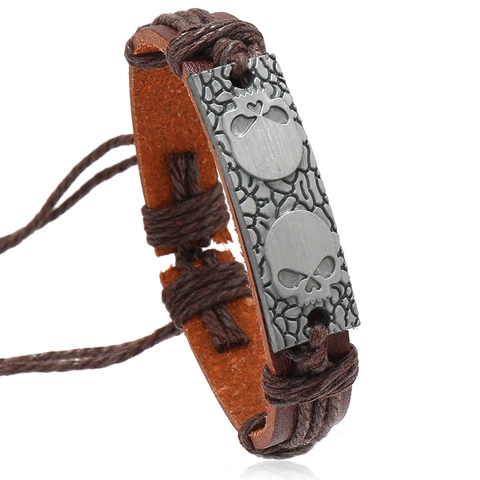 Bracciale in Pelle Artificiale Intrecciata a Mano Punk Retrò Piastra in Lega Teschio Polsino Regolabile per Uomo Donna