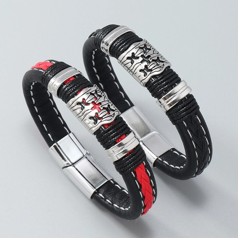 Bracciale da Uomo Punk Hip Hop Fatto a Mano in Pelle PU Intrecciata Con Chiusura Magnetica a Croce in Lega Gioielli Gothic