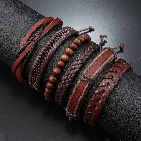 Vintage Adjustable Leather Woven Bracelet Multi-layer Wood Beads Hemp Rope Bohemian Punk Jewelry For Men Women