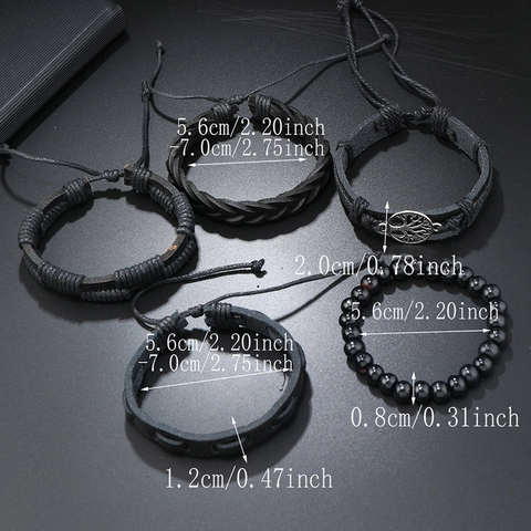 Bracciale Multistrato da Uomo Retro Albero della Vita Intrecciato a Mano in Pelle PU Cordino Cerato Lega Perline Legno Gioielli Nero