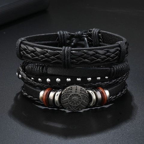 Pulsera de Cuero de Varias Capas Vintage para Hombres Tejida a Mano Punk Cordón Trenzado Con Remaches Y Cuentas de Madera Joyería