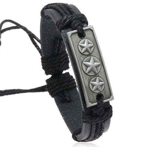 Pulsera de Cuero Artificial Tejida a Mano para Hombre Mujer Ajustable Retro Punk Aleación Pentagrama Estrella Amuleto Joyería Regalo