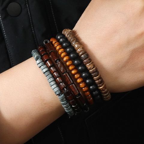 Handmade Wood Coconut Shell Beaded Bracelets Retro Ethnic Bohemian Layered Stretch Bracelets For Men Women Jewelry Gift