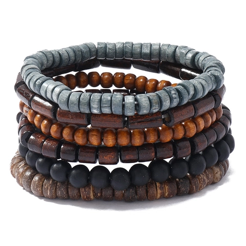 Handmade Wood Coconut Shell Beaded Bracelets Retro Ethnic Bohemian Layered Stretch Bracelets For Men Women Jewelry Gift