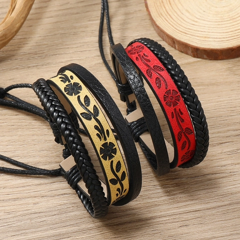 Bracciale Multistrato Vintage Etnico in Pelle PU Intrecciata Con Motivo Floreale Goffrato Gioielli Regolabili per Uomo Donna