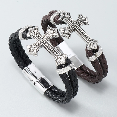 Bracciale in Pelle Artificiale Intrecciata con Croce in Lega Stile Punk Vintage per Uomo Donna Chiusura Magnetica Gioielli Unisex