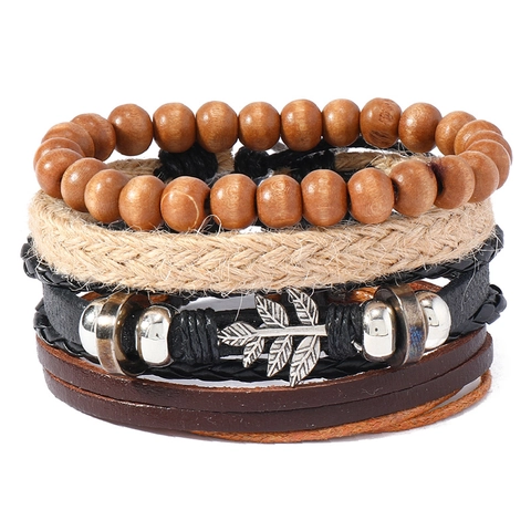 Vintage Herren Handgewebtes Mehrschichtiges Lederarmband Mit Metallblattanhänger Bohemian Holzperlen Retro Schmuckzubehör
