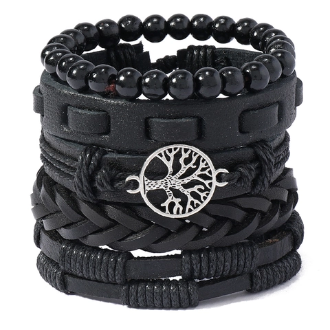 Bracciale Multistrato da Uomo Retro Albero della Vita Intrecciato a Mano in Pelle PU Cordino Cerato Lega Perline Legno Gioielli Nero