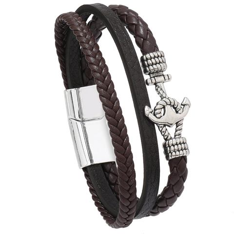 Vintage Nautical Anchor Multi-Layer Braided PU Leather Bracelet For Men Women Alloy Magnetic Clasp Punk Wristband Jewelry