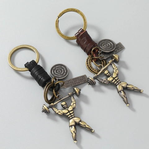 Llavero Retro Gimnasio Halterofilia Hombre Musculoso Aleación Cuero Trenzado Colgante Inspirador Accesorios Bolso Regalo