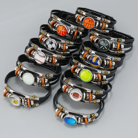 Handgemaakt Meerlaags Kunstleer Sport Armband Voor Heren Dames Baseball Basketbal Voetbal Drukknop Gevlochten Sieraden