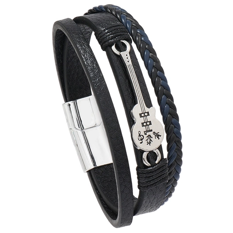 Bracciale Multistrato in Pelle Intrecciata Punk per Uomo Pendente a Forma di Chitarra in Lega Vintage Polsino Rock Music Biker Con Chiusura Magnetica Gioielli Regalo