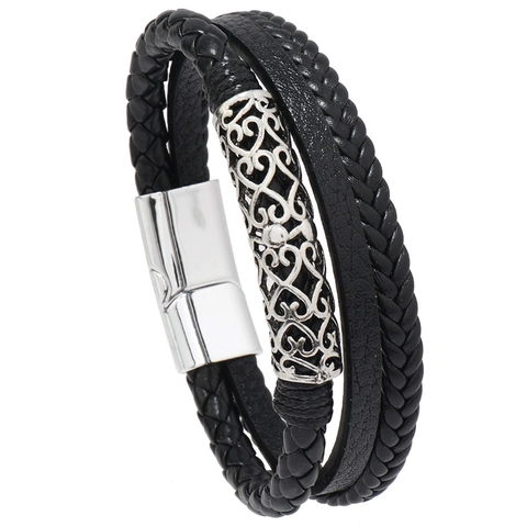 Men's Fashion Multi-layer Hand-woven Artificial Leather Bracelet With Alloy Magnetic Clasp Hollowed Pattern Vintage Punk Jewelry