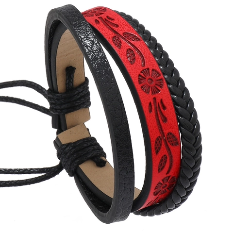 Bracciale Multistrato Vintage Etnico in Pelle PU Intrecciata Con Motivo Floreale Goffrato Gioielli Regolabili per Uomo Donna