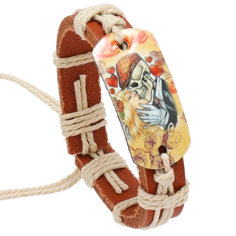 Vintage Rindsleder Geflochtenes Armband Für Damen Herren Punk Totenkopf Kuss Liebe Muster Handgemacht Boho Verstellbar Schmuck