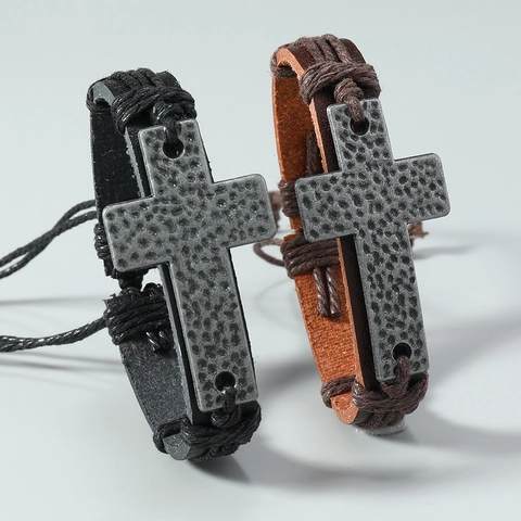 Bracciale Intrecciato in Pelle Sintetica da Uomo Retrò Ciondolo a Croce in Lega Stile Punk Cinturino Regolabile Unisex Gioielli di Moda