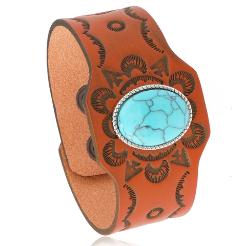 Boho Vintage Rindsleder Armband Retro Türkis Kunststein Legierung Breites Manschettenarmband Handgefertigter Unisex Schmuck