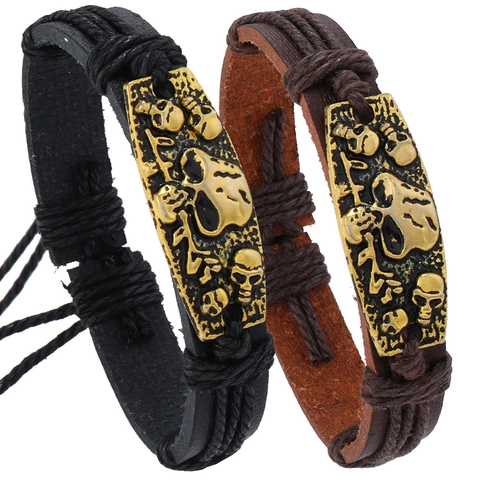 Braccialetto in Pelle PU Intrecciata a Mano Con Piastra in Lega di Teschio Vintage Cordino Regolabile Gioielli Punk Gothic per Halloween