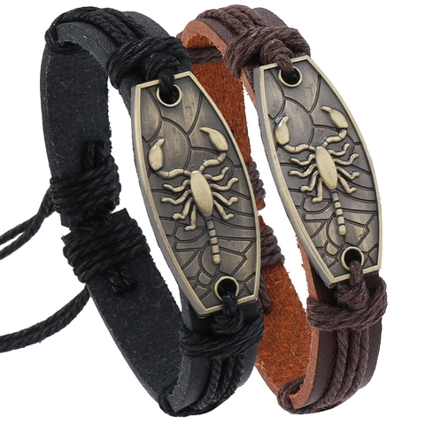 Bracciale in Pelle PU Intrecciata a Mano Retrò Unisex Ciondolo Scorpione in Lega di Bronzo Stile Punk Gioielli